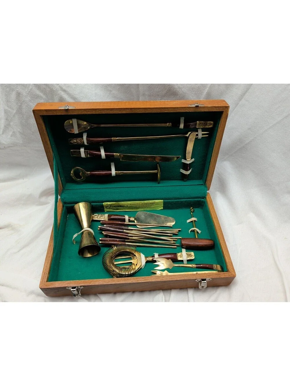 Vintage James Brass Bartender Set In Wood Case 11 Piece